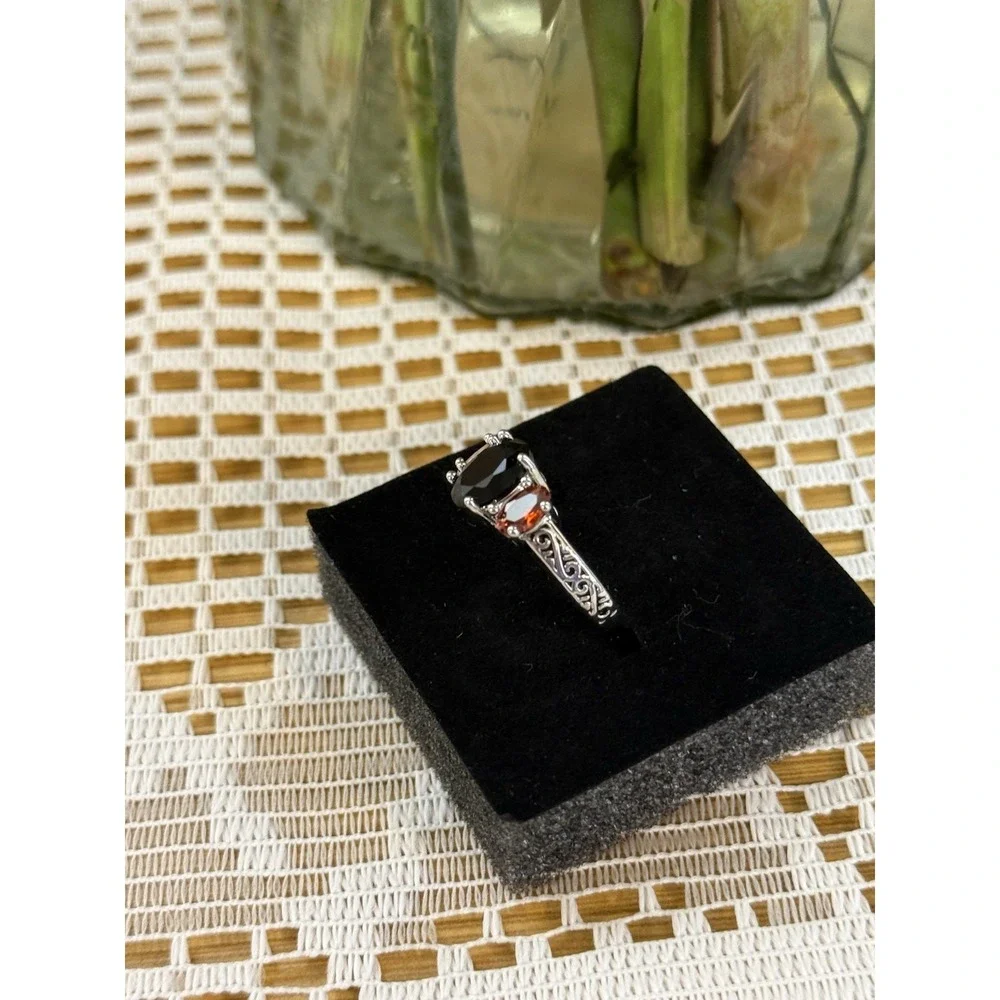 2.73 Cttw Onyx and Garnet 3 Stone‎ Ring For Women | 925 Sterling Silver |